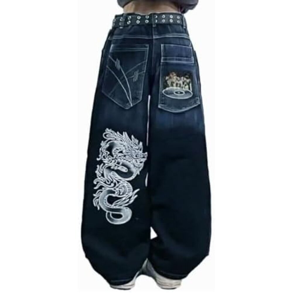 Unisex Y2K Gothic Print High Waist Wide Leg Denim Jeans Baggy Style